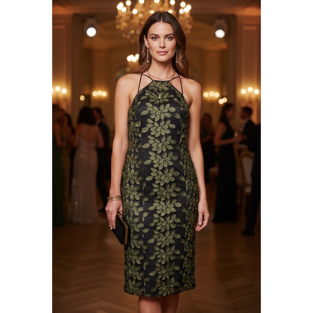 W by Worth Sheath Dress 6 Black Green 3D Floral Embroidery Halter Midi Cocktail